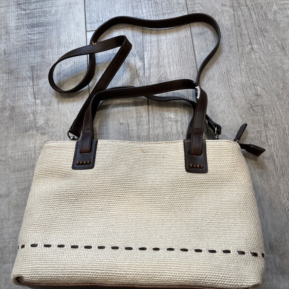 VTG Relic By FOSSIL Handbag Woven Tote Shoulder Purse Leather Double Handles Tan
